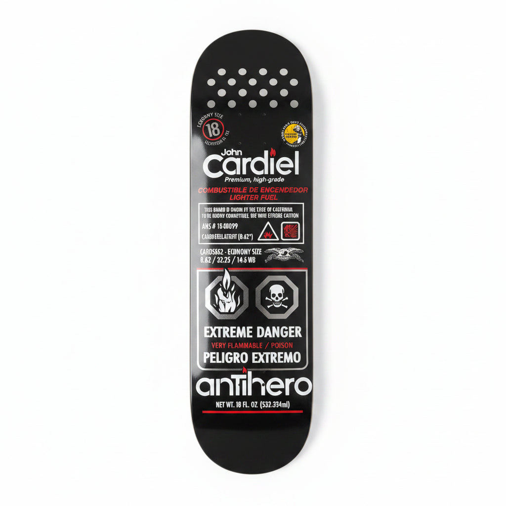 Skateboard deck with antihero branding on a white surface