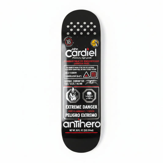 Skateboard deck with antihero branding on a white surface