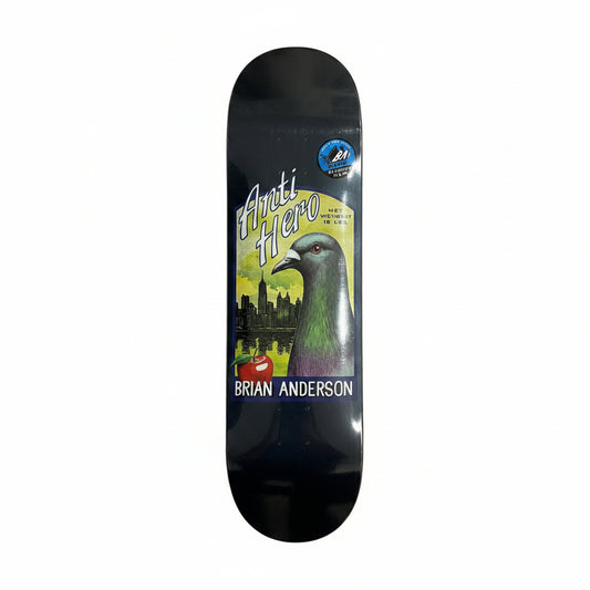 Skateboard deck with 'Anti Hero' and 'Brian Anderson' branding on a white surface.
