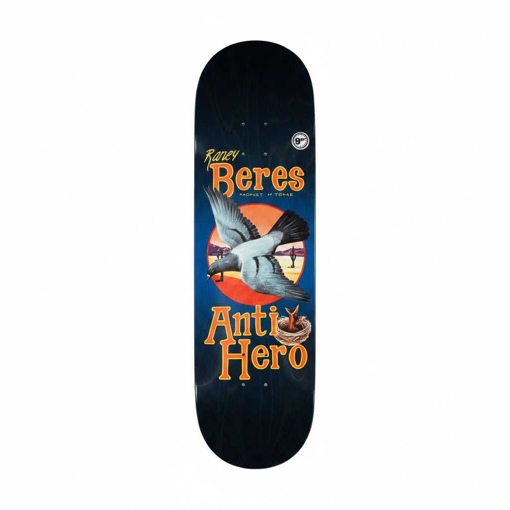 Skateboard deck with pigeon flying on middle of graphic
