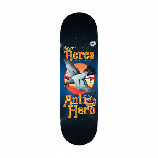 Skateboard deck with pigeon flying on middle of graphic