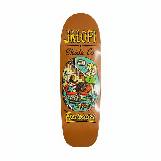 Skateboard deck with colorful graphics and text on a white surface