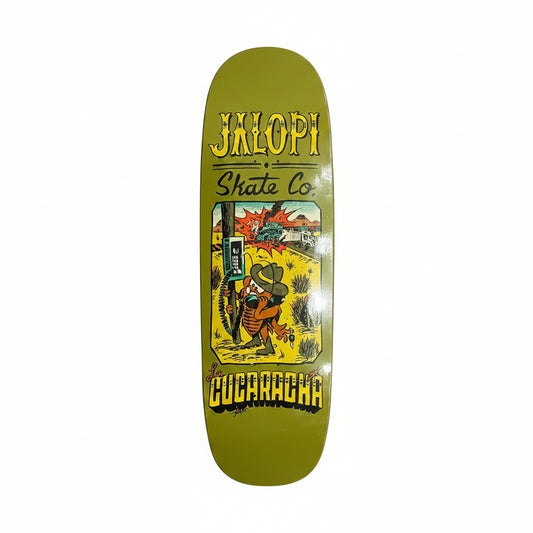 Skateboard deck with colorful graphics and text on a white surface
