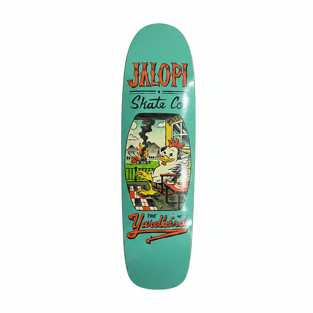 Skateboard deck with colorful design and text on a white surface