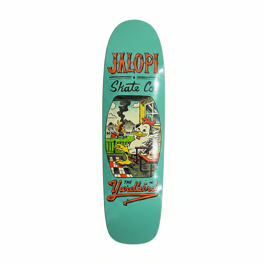 Skateboard deck with colorful design and text on a white surface