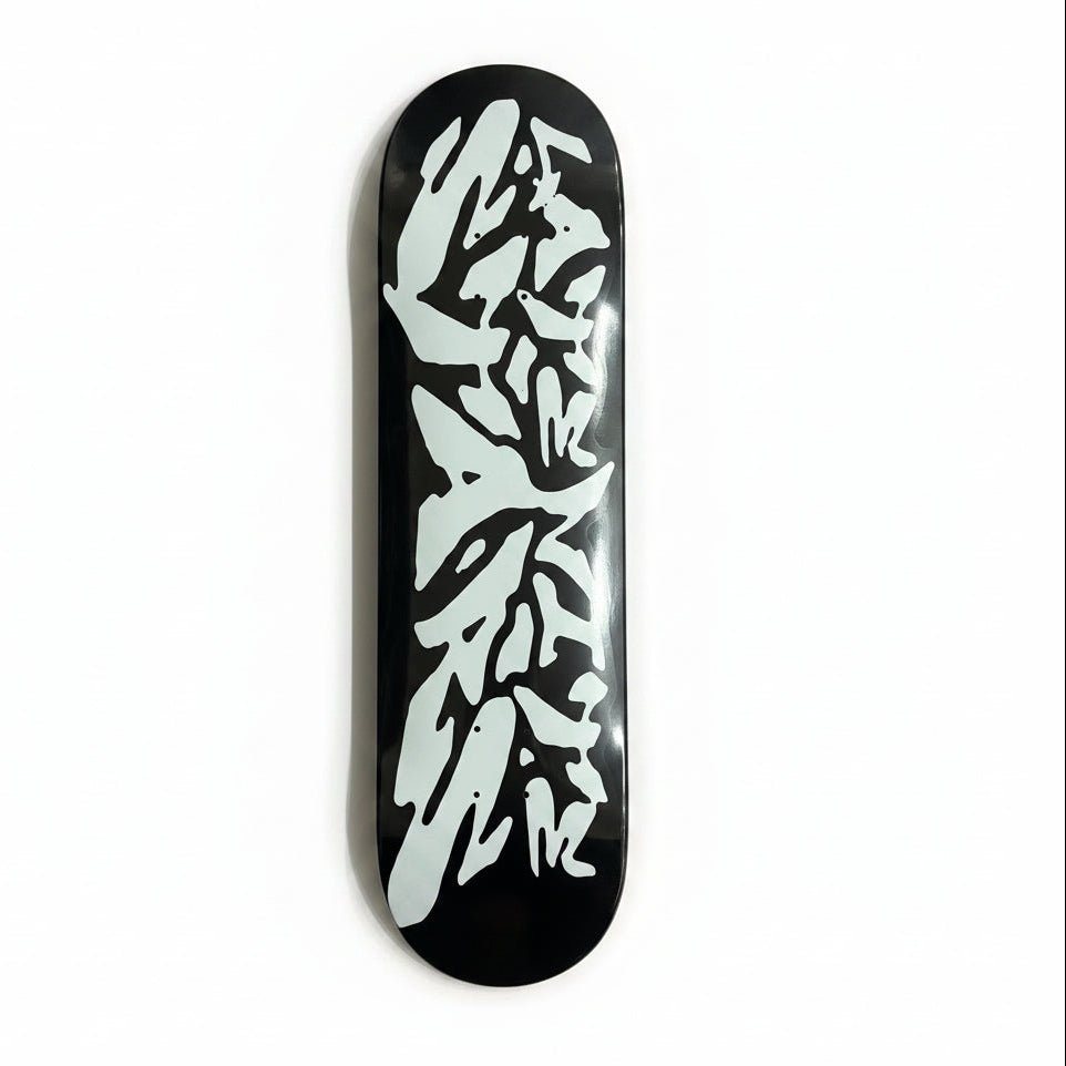 black full dipped skateboard deck with white LATE NITE STARS logo on bottom