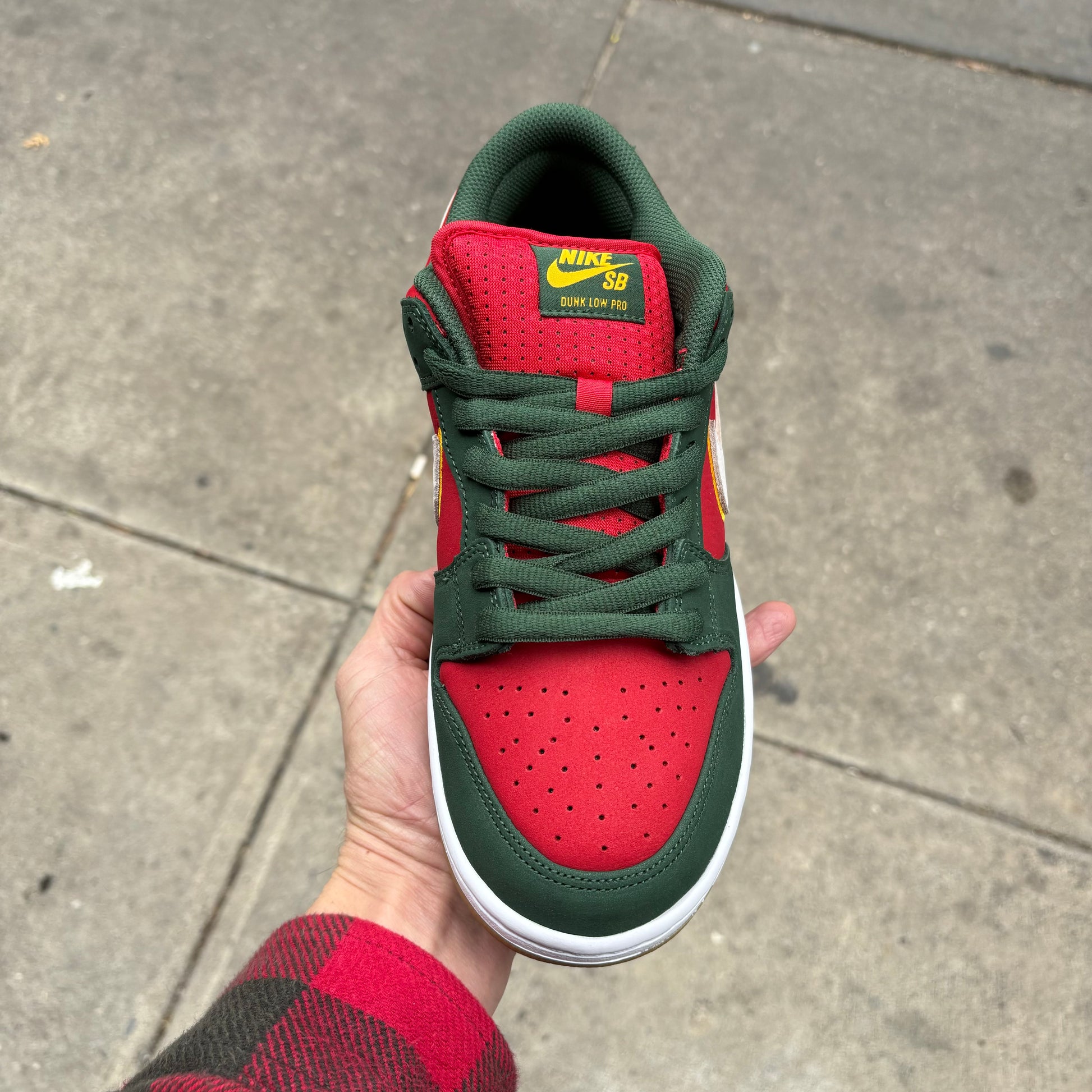 top down view of red, white and green nike dunk sb