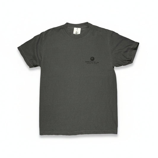 Gray t-shirt with a small 5Ball logo on a white surface