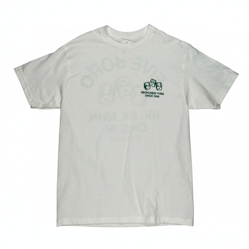 white t-shirt with left chest graphic of three dice, and 5boro new york since 1996 written underneath