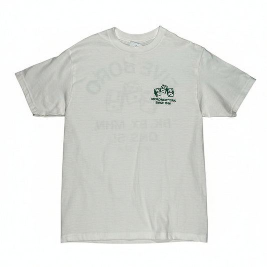 white t-shirt with left chest graphic of three dice, and 5boro new york since 1996 written underneath