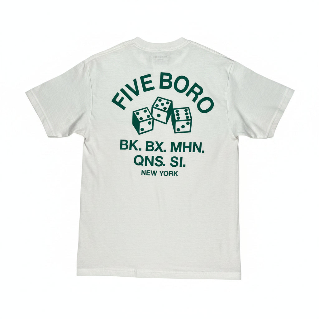 rear of white t-shirt with FIVE BORO arch logo in center of back of t-shirt, with three dice, and BK BX MHN QNS and SI abbreviations under graphic