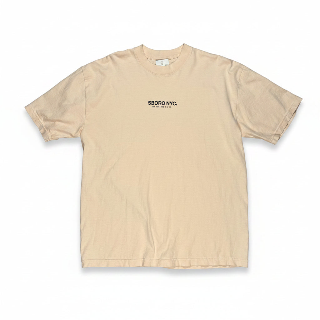 light pink t-shirt with 5BORO NYC typeface logo on center chest.