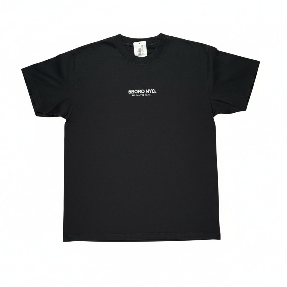 Black t-shirt with white 5BORO NYC text on a white surface