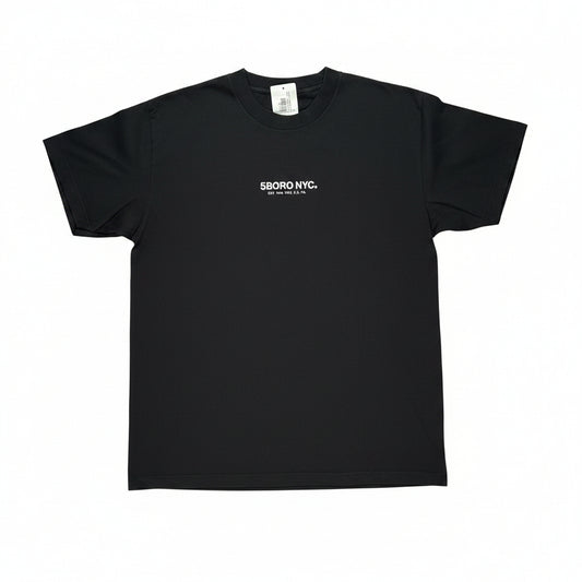 Black t-shirt with white 5BORO NYC text on a white surface