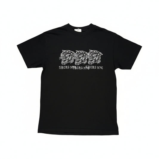 Black t-shirt with three hand drawn style cat logos in a row, on center chest of t-shirt. Tee on white background