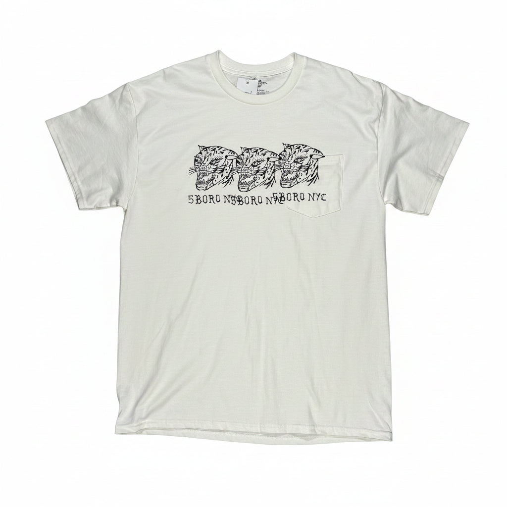 White pocket t-shirt with repeating black hand drawn style cat graphic design on a white surface