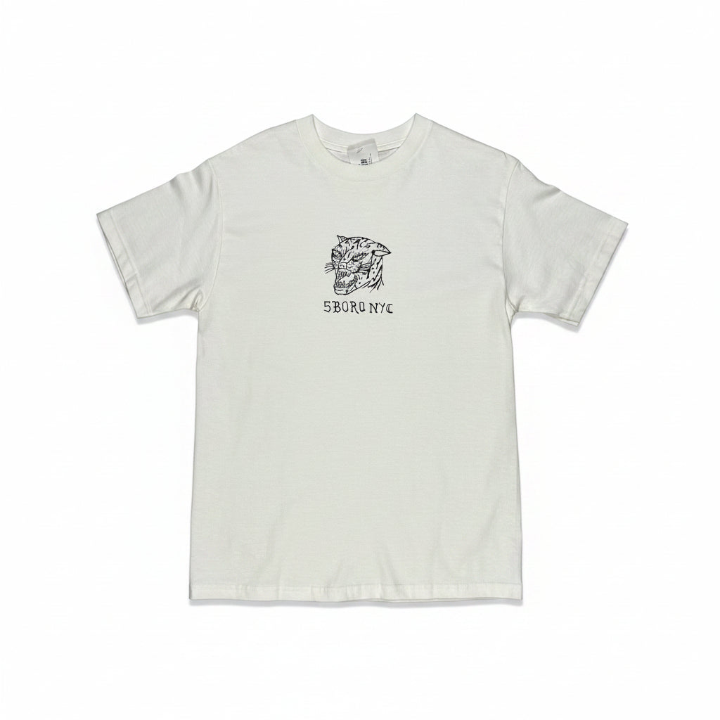 white t-shirt with hand drawn style graphic on center chest of t-shirt