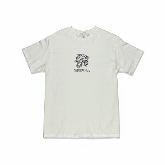 white t-shirt with hand drawn style graphic on center chest of t-shirt