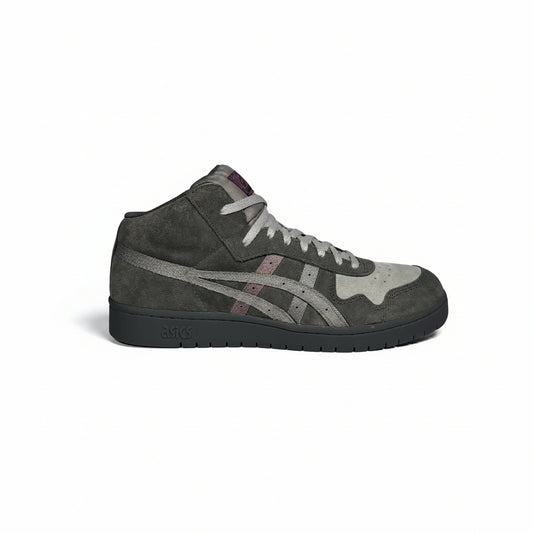 two toned high top Gray sneaker with purple accents, on a white background