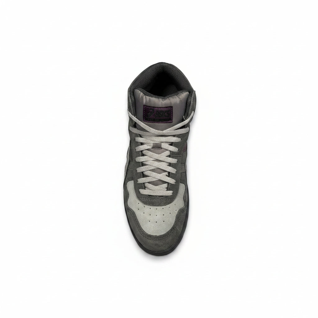 top down view of two toned suede Gray high-top sneaker on a white surface