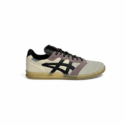 suede multi tone indoor soccer style sneaker with clear gum sole on white background