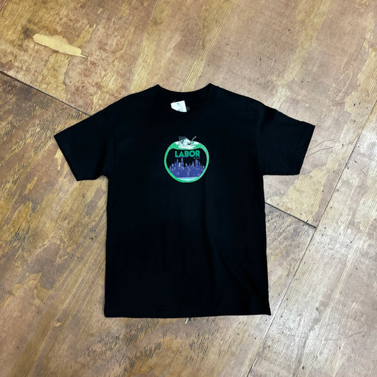 view of apple graphic on center of t-shirt