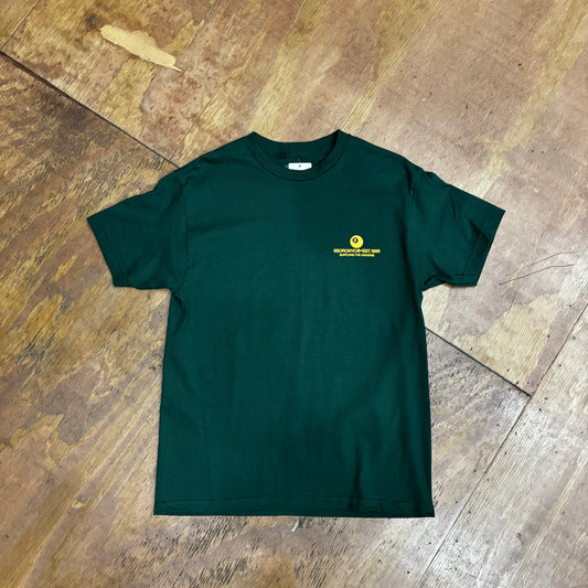 gold 5ball logo on left chest of forest green t-shirt