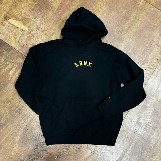 front 5.B.N.Y. arch logo on black hoodie