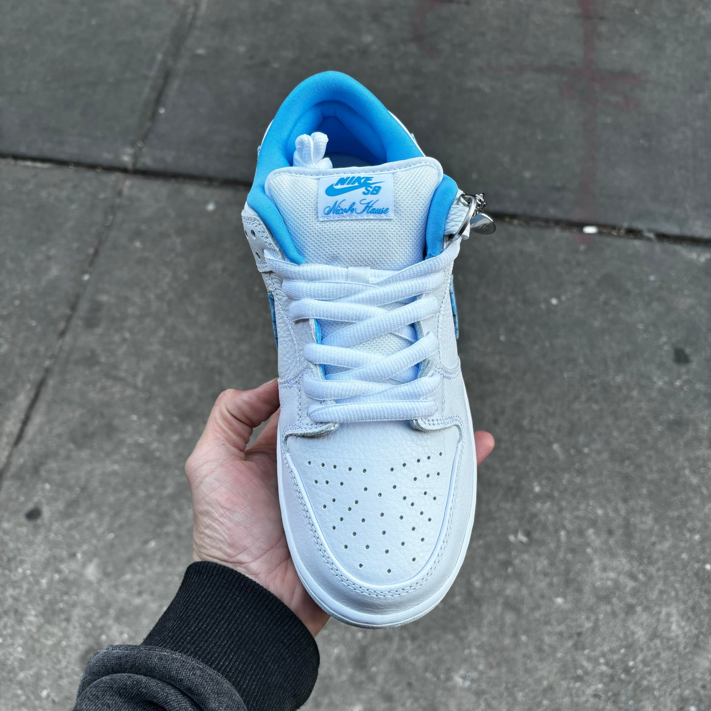 top down view of white and blue nike dunk low pro