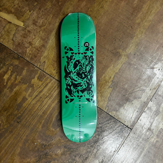 green deck with abstract swirl art in middle of skateboard deck