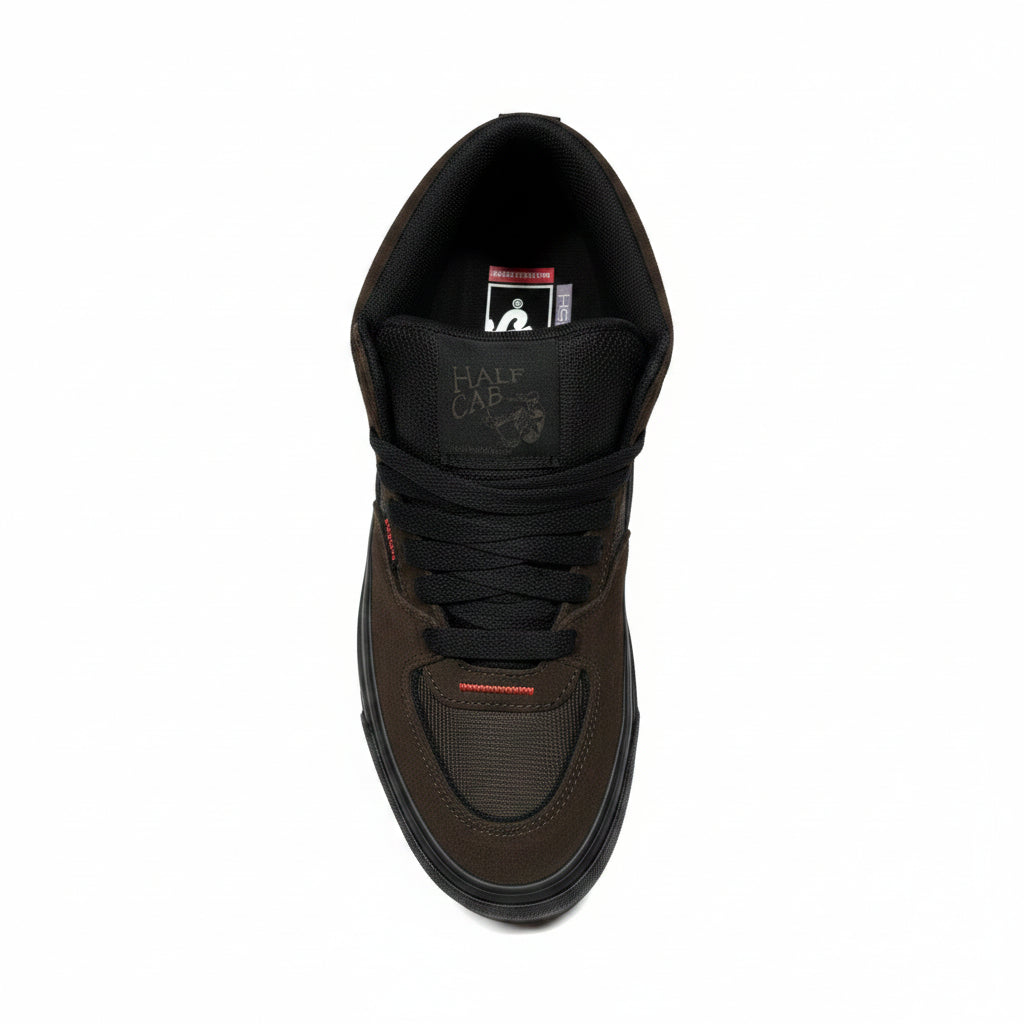 overhead view of Black brown sneaker on a white background