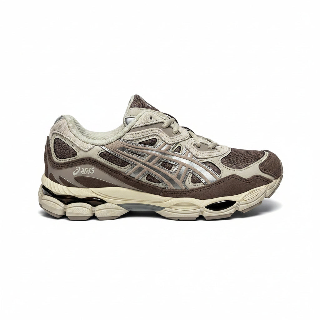 Sneaker with brown and beige color scheme on a white background