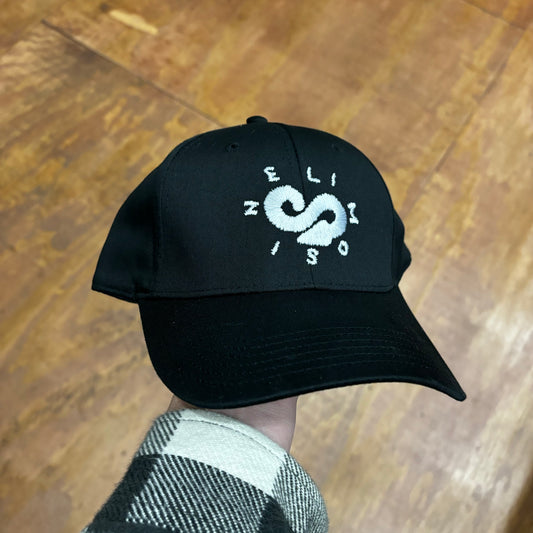 front view of white embroidered infinity logo on black hat