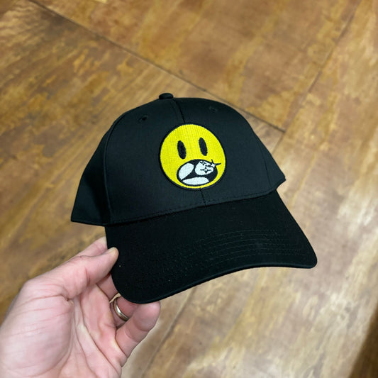 front view of yellow embroidered smiley logo on black hat