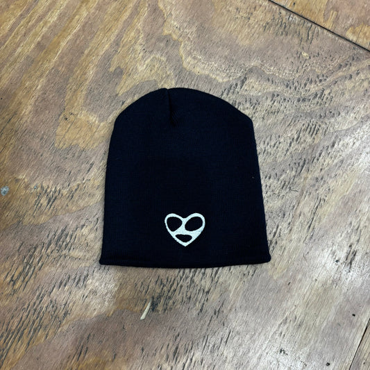 navy and white embroidered logo beanie