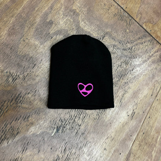 black and pink embroidered beanie