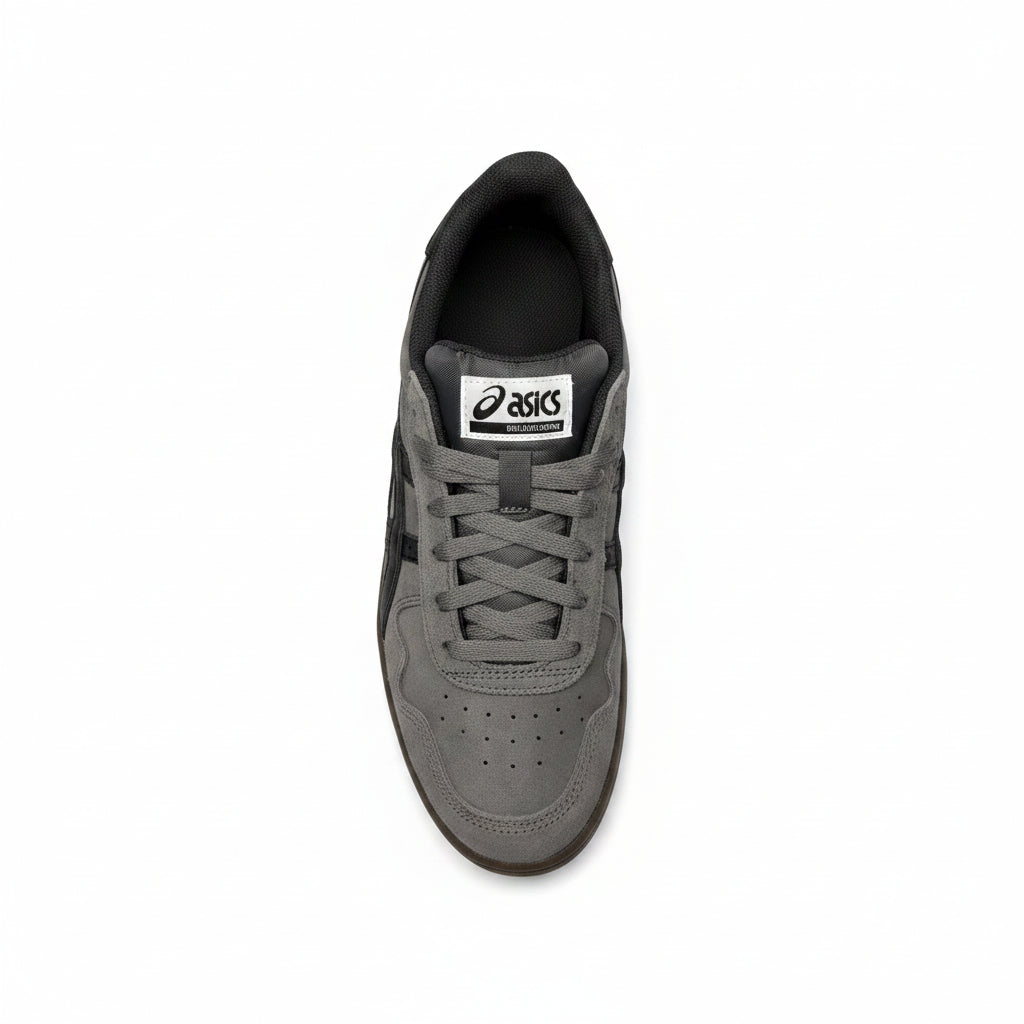 top down view of Gray sneaker with black accents on a white surface