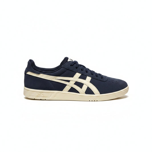 Navy blue sneaker with white asics logo on a white background
