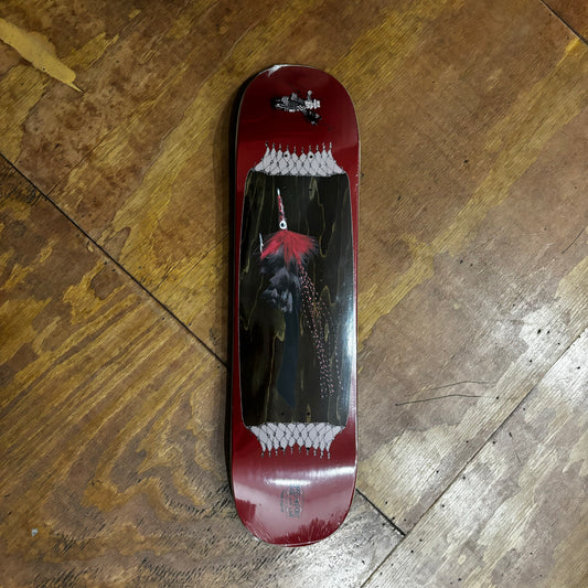 red fly style fishing lure depicted on bottom of burgundy and woodgrain skate board deck