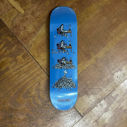 Blue skateboard deck with a series of four images, each one getting more intense in terms of work at the desk