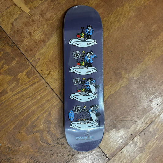 Series of four graphics on purple skateboard deck, all depicting various scenes of preparing a photo set