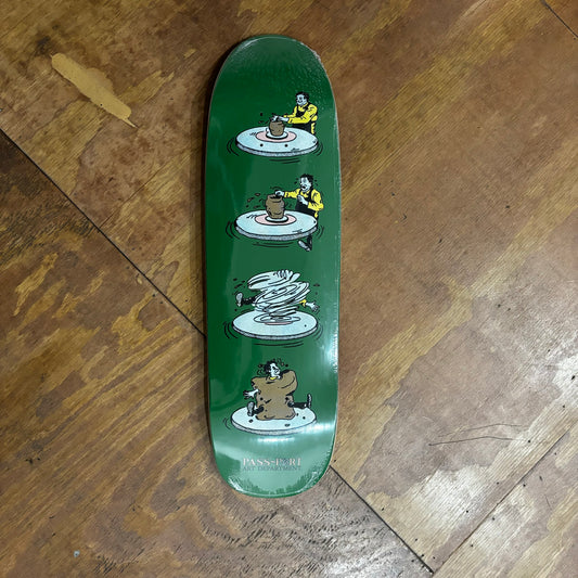 Clay on a wheel depicted as artist on vertical skateboard deck