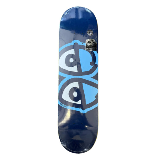 navy blue skateboard deck with big white eyes