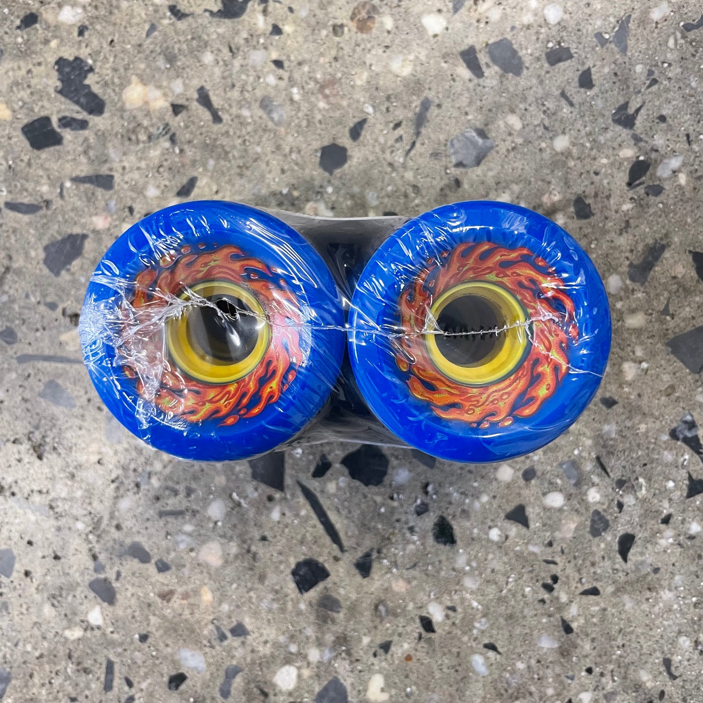 blue wheels with orange and yellow design