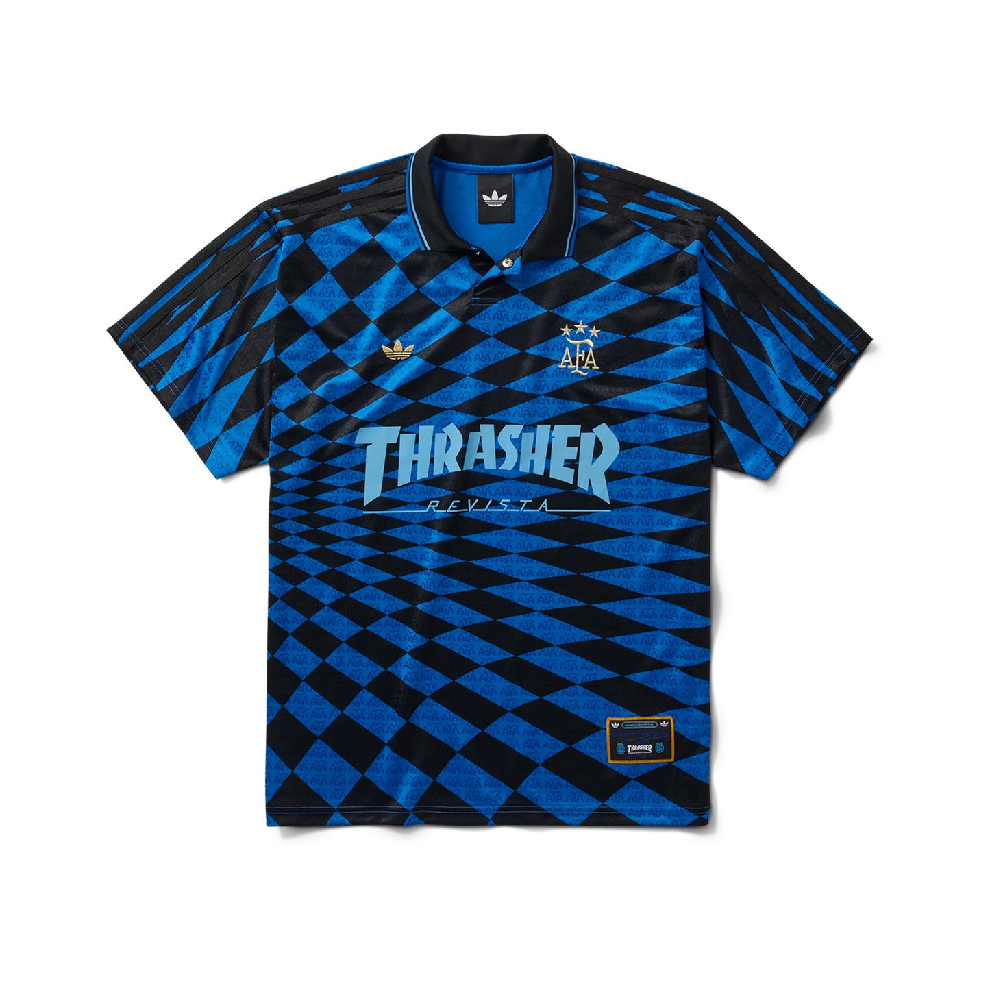 Blue and black thrasher soccer jersey