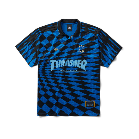 Blue and black thrasher soccer jersey