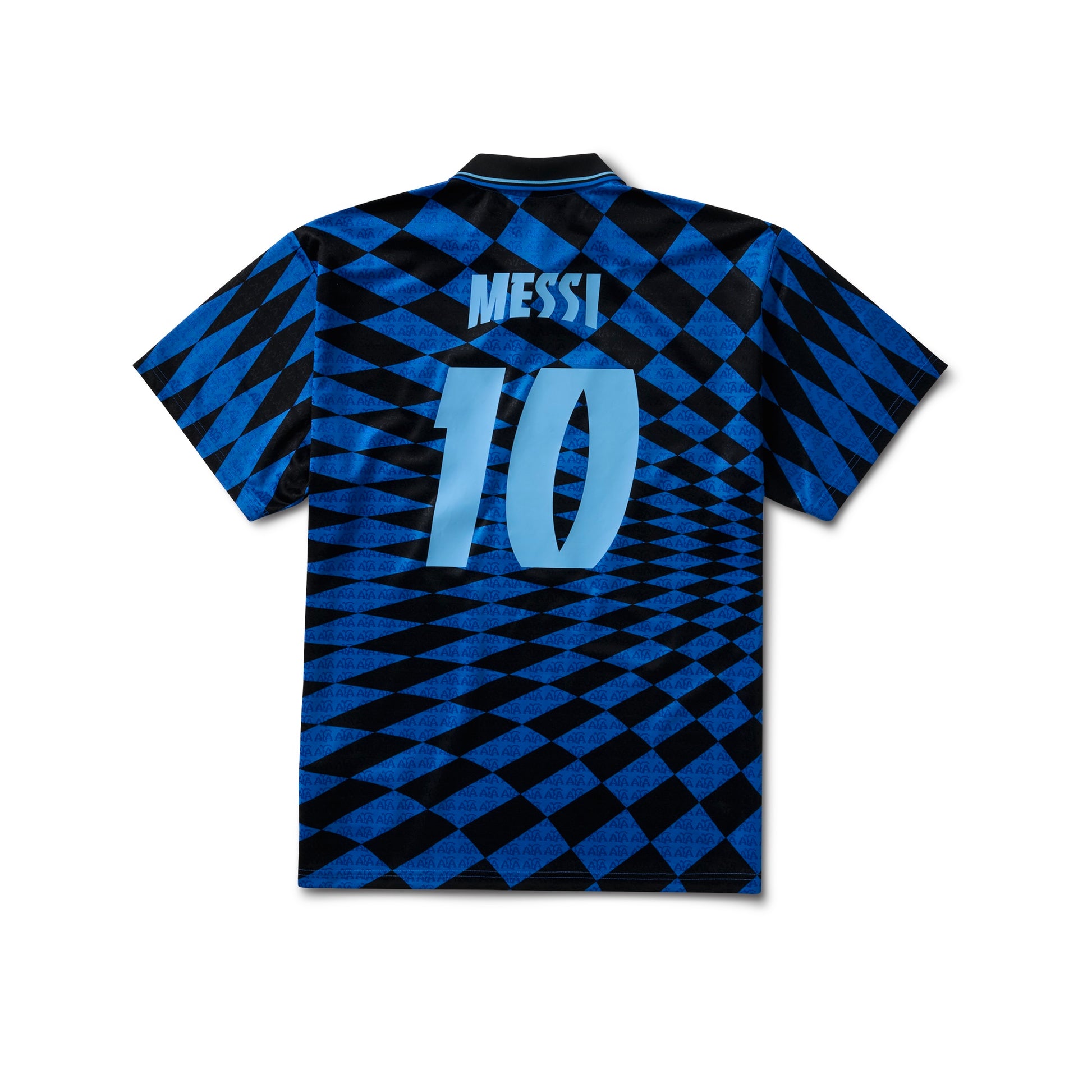 Blue and black checkered sports jersey with 'Messi 10' on a white background