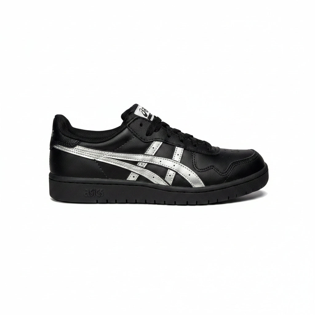 Black sneaker with silver asics  logo on a white background