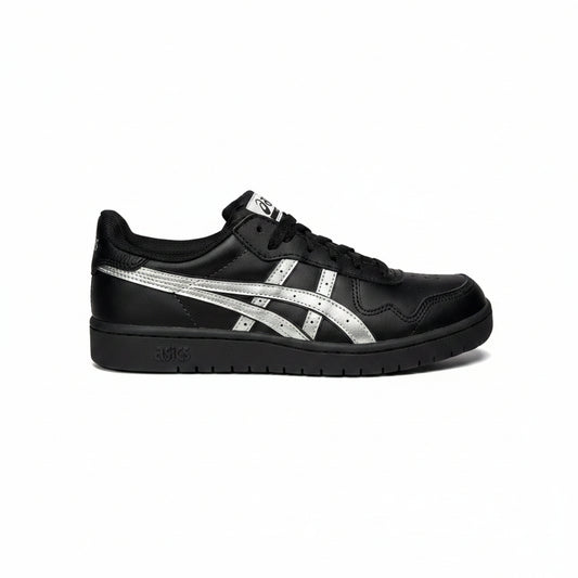 Black sneaker with silver asics  logo on a white background
