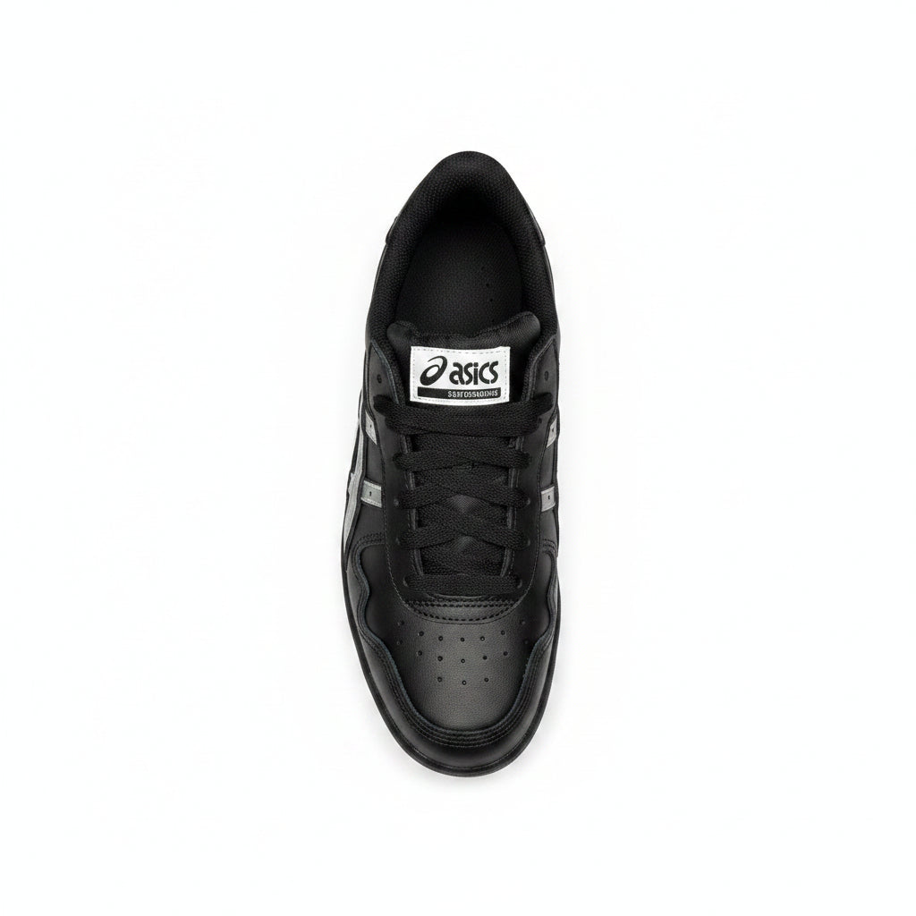 top down view of Black sneaker with Asics logo on a white surface
